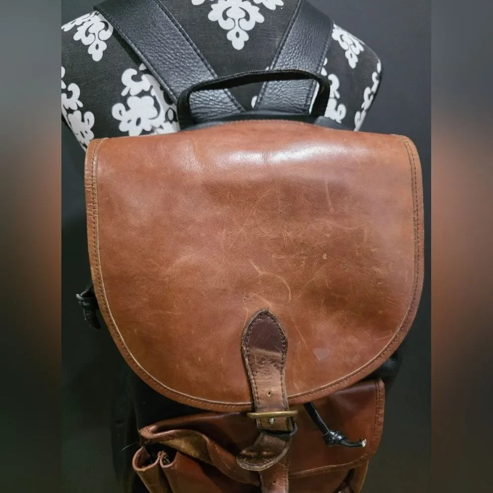 Two Tone Brown and Black Leather Full Size Buckle Closure Backpack 16x14